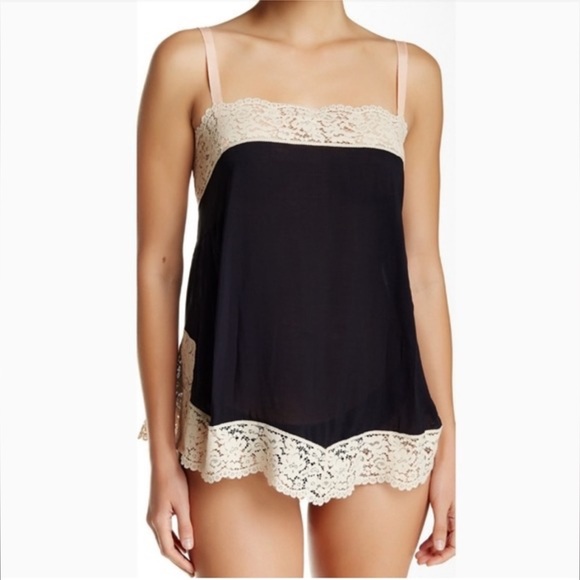 Free People Black & Cream Lace Cami Top Scalloped Tunic Tank Size XS - Picture 9 of 11